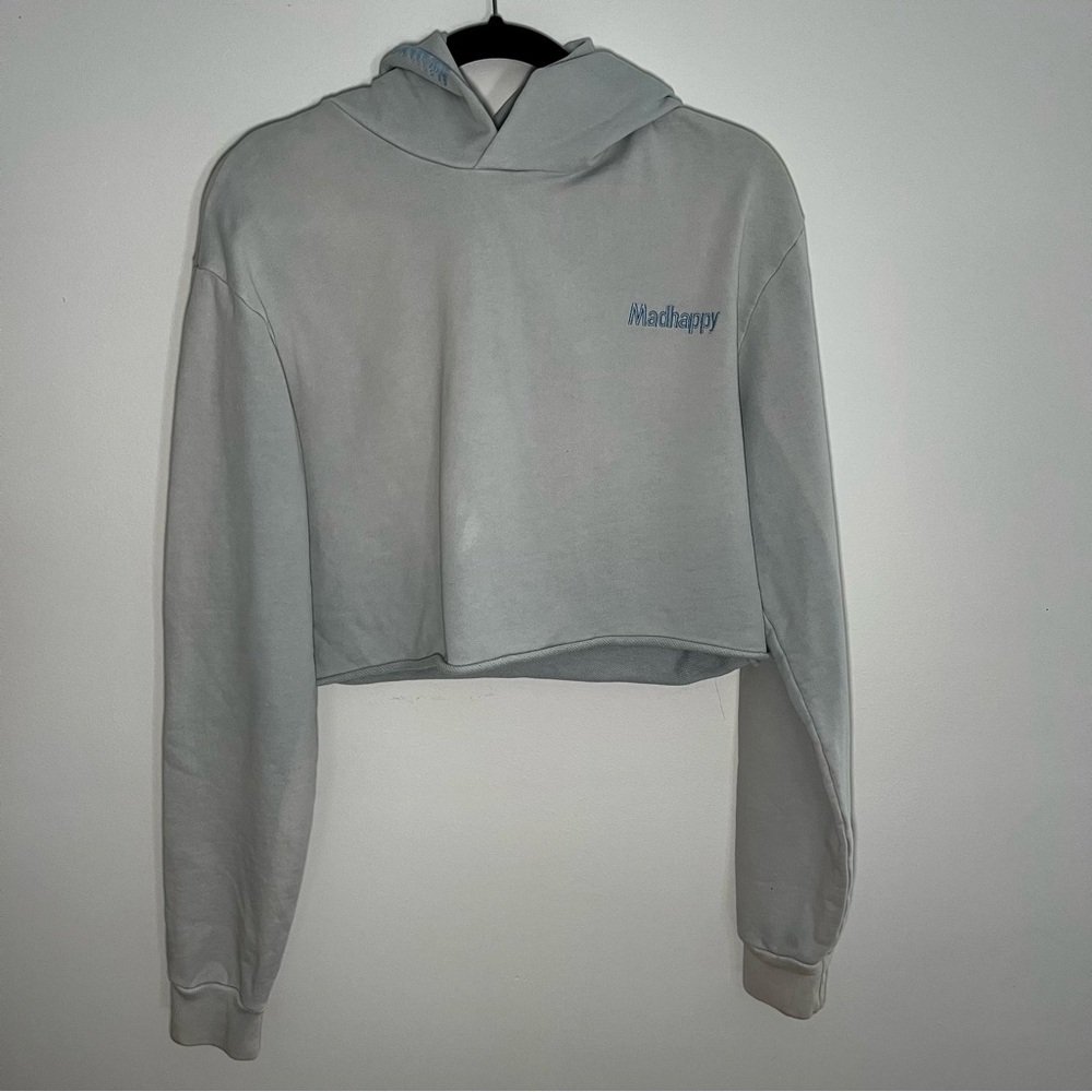 Madhappy cropped blue grey sweatshirt hoodie Raw hem Stiching medium